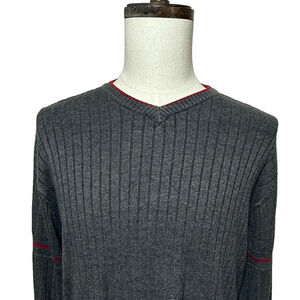 Quiksilver Sweater Mens Large Gray Striped V Neck Pullover Long Sleeve‎ Preppy